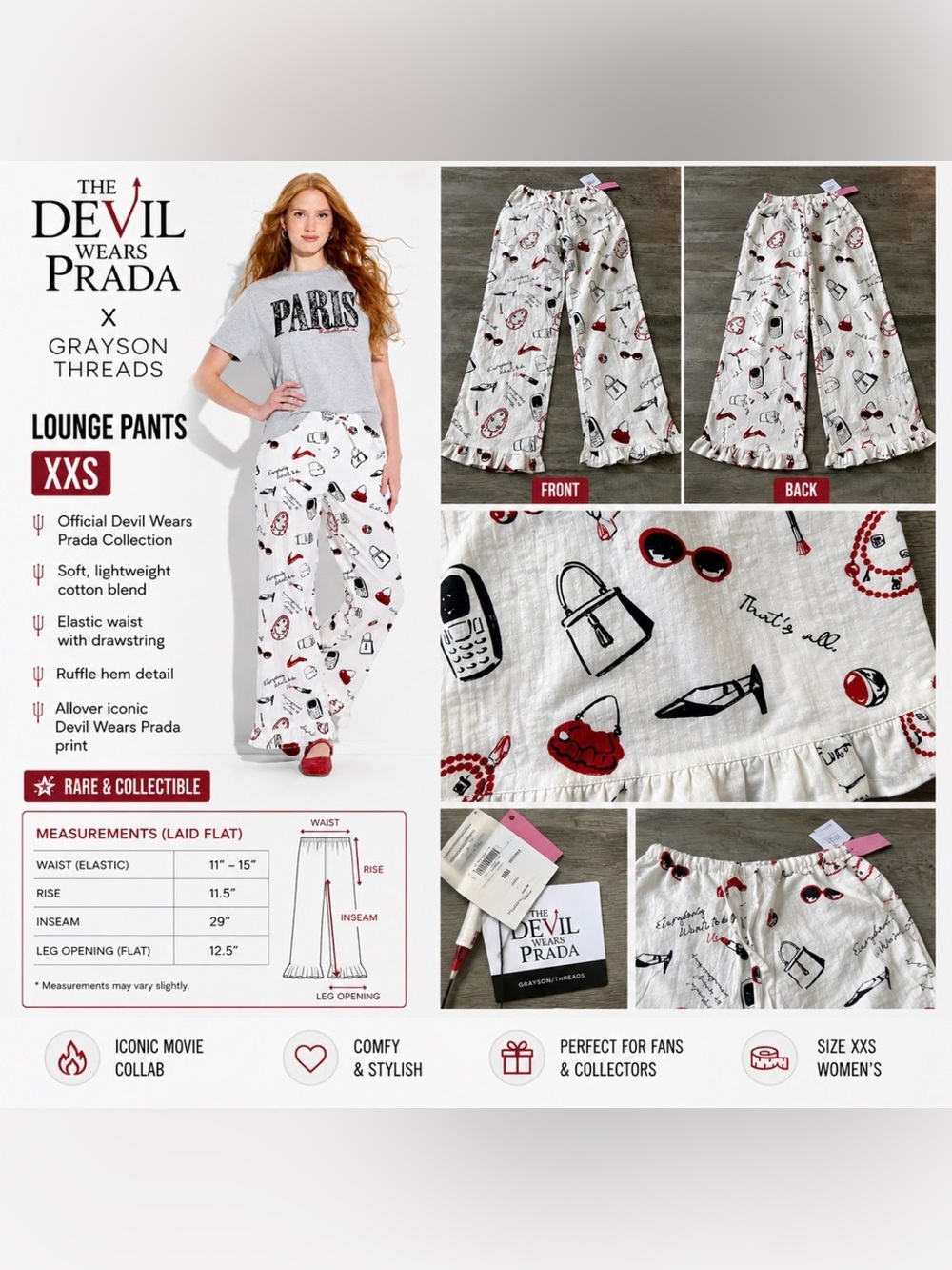 NWT The Devil Wears Prada x Grayson Threads Lounge Pj Pants XXS Rare Collectible